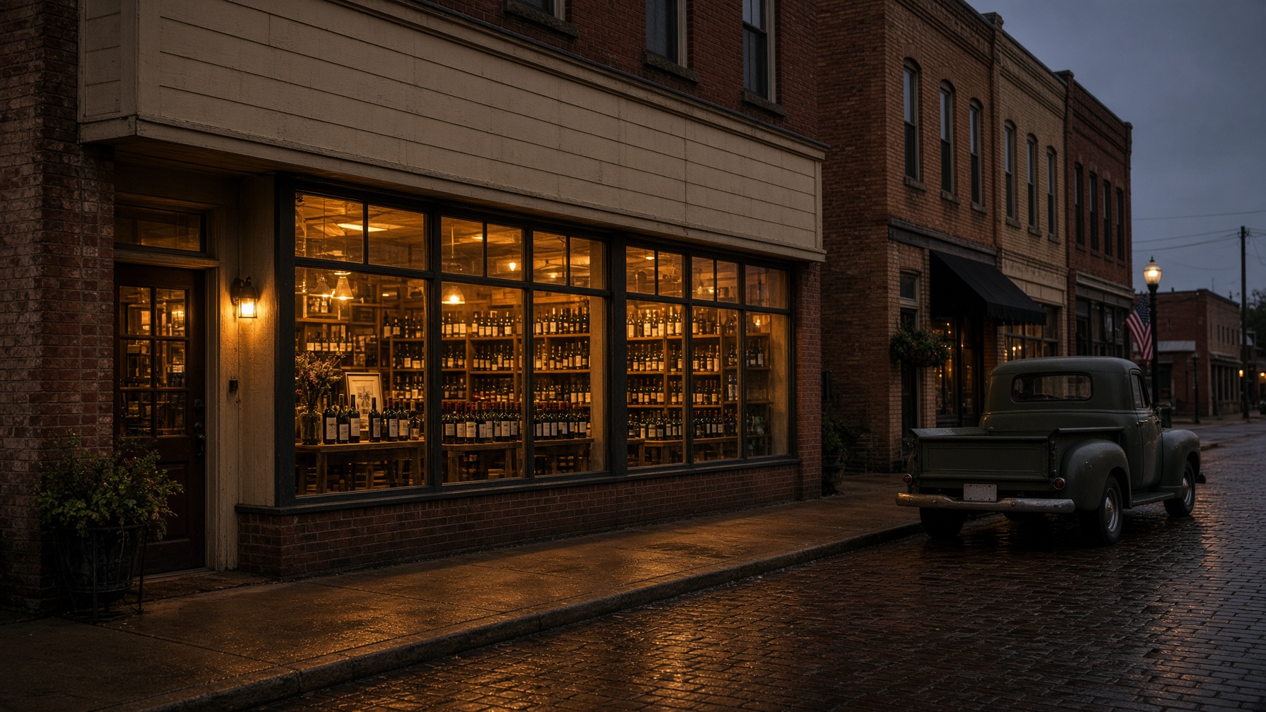 An independent Oklahoma package store at dusk